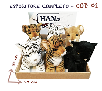Espositore assortito tema felini composto da 6 articoli - 3420 tigre bianca - 3421 tigre normale - 3422 leoncino - 3426 pantera