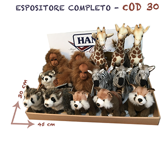 Espositore assortito tema savana safari composto da 15 articoli - 2645 orangutan - 2648 panda rosso - 2649 procione - 2651 zebra - 2662 giraffa